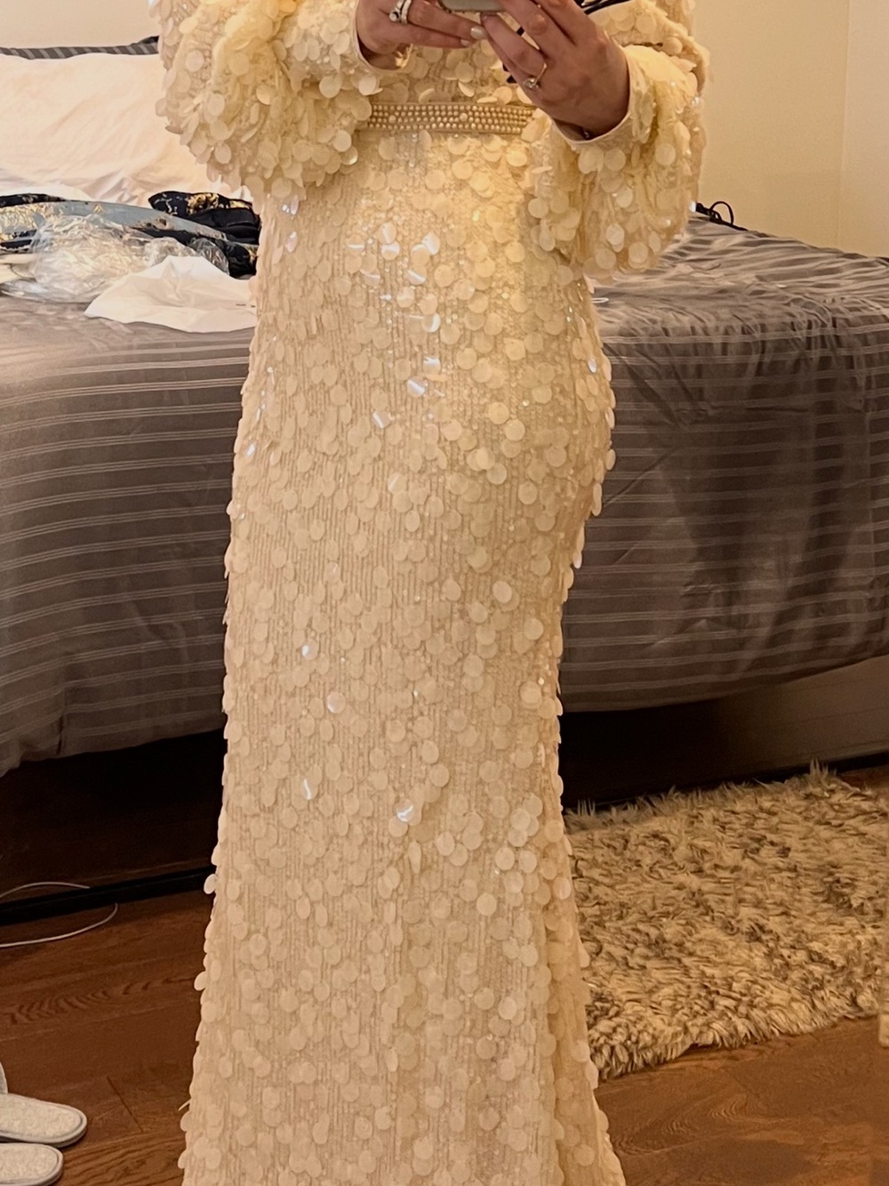 Sequin Champagne Long Sleeve Evening Gown - Picture 3 of 3